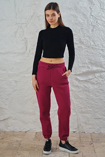 ESPİNA Women's Corded Waist and Elastic Leg Three Thread Fleece Inside Knitted Sweatpants Jogger Cherry
