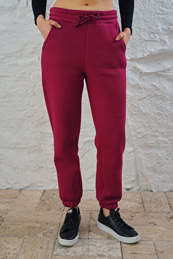 ESPİNA Women's Corded Waist and Elastic Leg Three Thread Fleece Inside Knitted Sweatpants Jogger Cherry