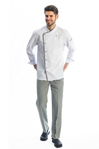 TIPTEKS Men's Long Sleeve Classic Single White Chef Jacket - Gingham Bias