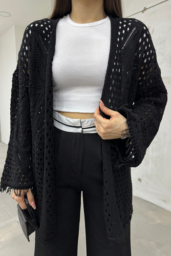 LE CARAMBOLE Women's Black Openwork Back Patterned Knitwear Cardigan