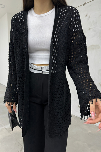 LE CARAMBOLE Women's Black Openwork Back Patterned Knitwear Cardigan
