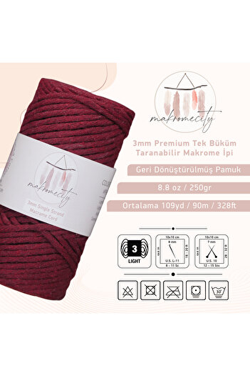 Makromecity Taranan Makrome Ipi 3mm Taranabilir Pamuk Makrome Ipi Makrame Ipi Bordo