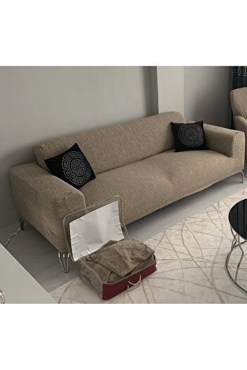 ÖZMAKAN Flexible Cotton 3 3 1 1 Jacquard - Stretch Elastic Sofa Cover Set, Brown