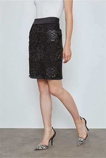 VERDA Guipure Appliqued Satin Skirt