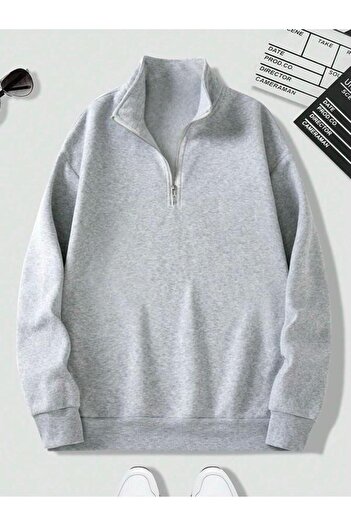 trendgar gray high collar zippered oversize unisex sweatshirt