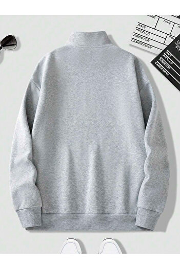 trendgar gray high collar zippered oversize unisex sweatshirt