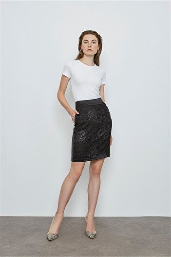 VERDA Guipure Appliqued Satin Skirt
