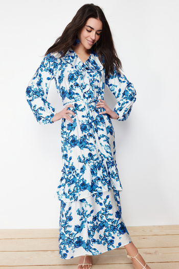 Trendyol Modest Εκρού φλοράλ γιακά βολάν Λεπτομερές υφαντό φόρεμα TCTSS24EB00079