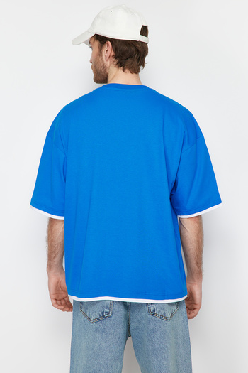 Trendyol Collection Oversize Blue Color Block Bavlněné tričko - Kapesní TMNSS22TS0527