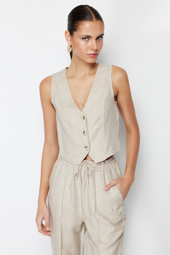 Trendyol Collection Beige Linen Woven Crop Vest - Cotton, TWOSS24YE00024