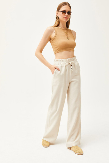 Olalook Women's Stone Pocket Elastic Waist High Waist Linen Pants PNT-19000258