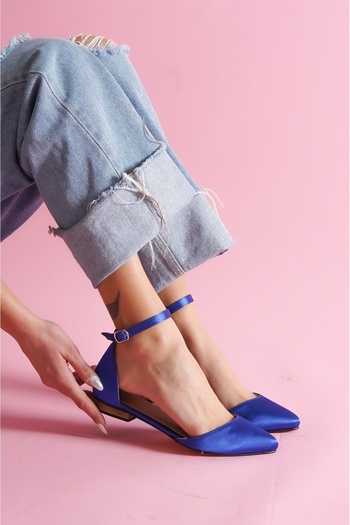 DİVOLYA Misty Saks Satin Ankle Strap Pointed Toe Casual Ballerinas