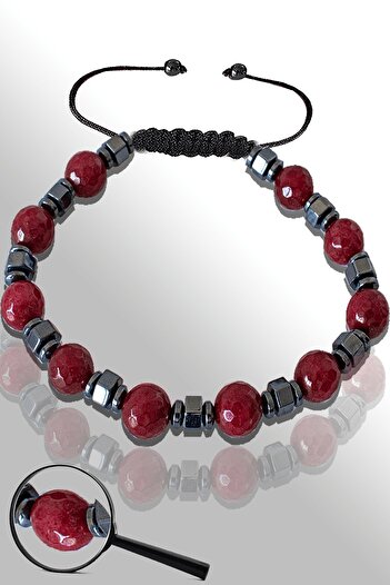 Tesbih Atölyesi Certified Hematite Natural Faceted Red Agate Stone Bracelet - Adjustable