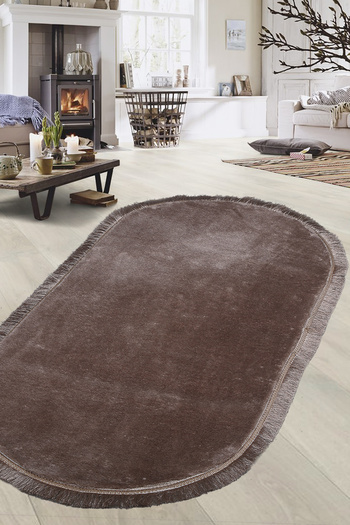Bonny Home Relax Brown Oval Runner - Sports Fringed, Non-Slip Base, Washable Decorative Plush Carpet