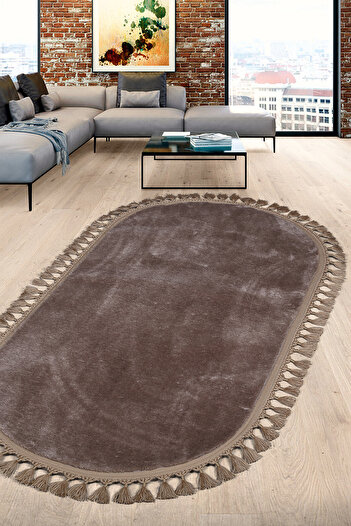 Bonny Home Relax Brown Oval Pompom - Decorative Non-Slip Plush Runner, Washable Fringed Living Room Carpet