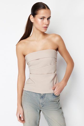 Trendyol Collection Στράπλες ντραπέ μπλούζα βιζόν - υφαντό, εφαρμοστό, TWOSS24BZ00348