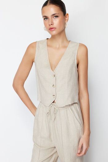 Trendyol Collection Beige Linen Woven Crop Vest - Cotton, TWOSS24YE00024