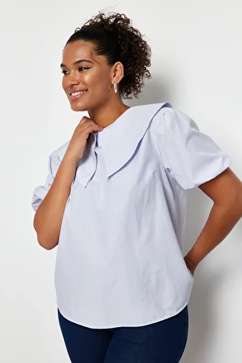 Trendyol Curve Light Blue Balloon Sleeve Baby Collar Woven Blouse Tbbss24Af00000