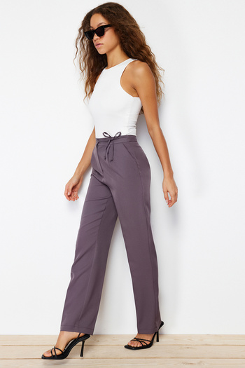 Trendyol Collection Gray Straight/Straight Cut Woven Waist Tie Detailed Trousers TWOSS24PL00059