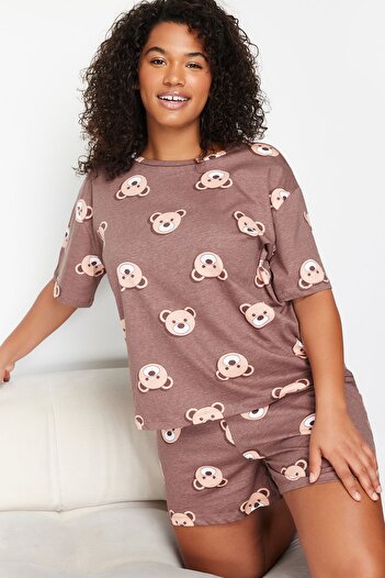 Trendyol Curve Brown Teddy Bear Printed Shorts Cotton Knitted Pajamas Set Tbbss23Ai00022