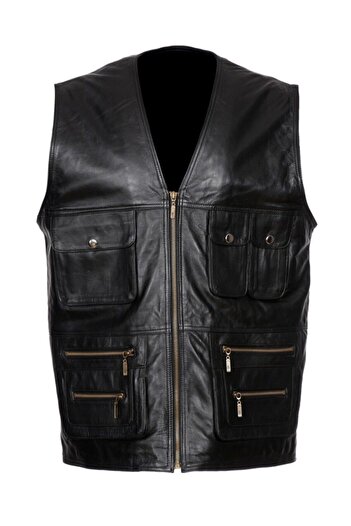 fubileather Genuine Leather Men's Black Vest - Multi-Pocket Hunter Model