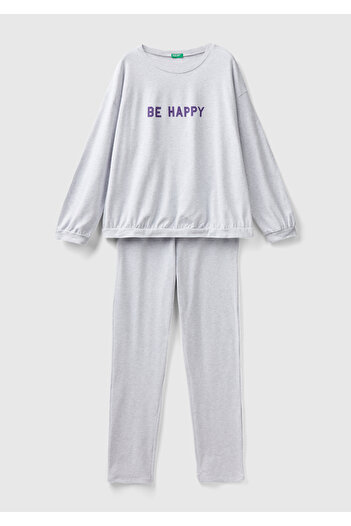 United Colors of Benetton Gray Slogan Printed Women's Pajama Set