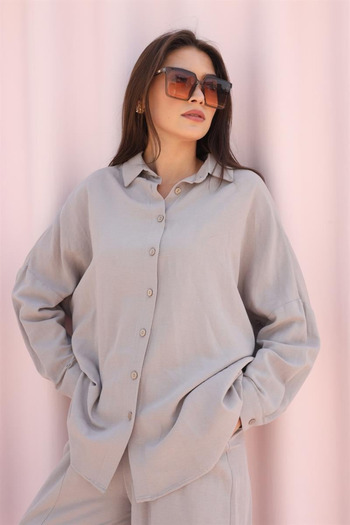 Laluvia Šedá plátěná košile oversize s nízkými rameny