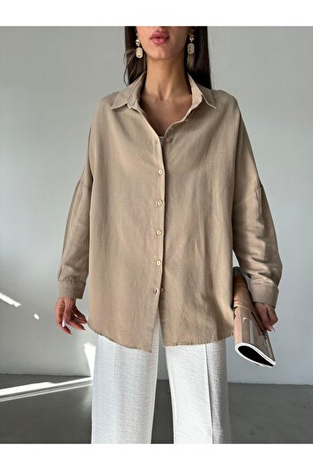 Laluvia Milk Coffee Oversize Off Shoulder Linen Shirt