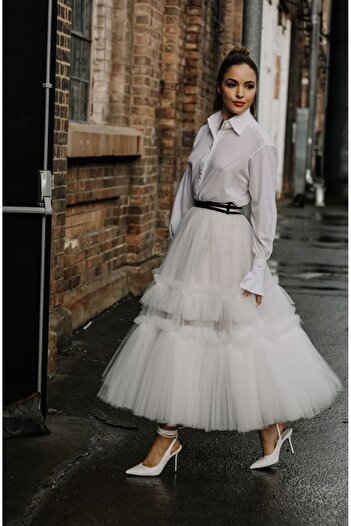 INDRESS STUDIO Women's Design Gathered White Tulle Skirt