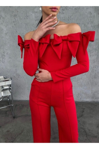 Afiş Butik Red Bow Detailed Boat Neck Jumpsuit