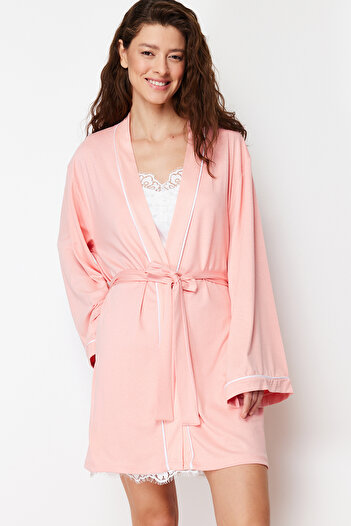 Trendyol Collection Salmon Belted Knitted Dressing Gown with Piping Detail THMSS24SB00006