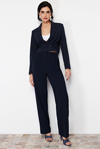 Trendyol Collection Námořnická modrá široká noha Polyviscon tkané kalhoty TWOSS24PL00080