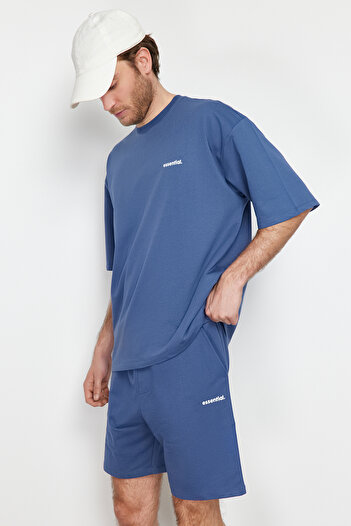 Trendyol Collection Indigo Oversize Tracksuit Set - Text Printed, 100% Cotton, TMNSS24EM00003