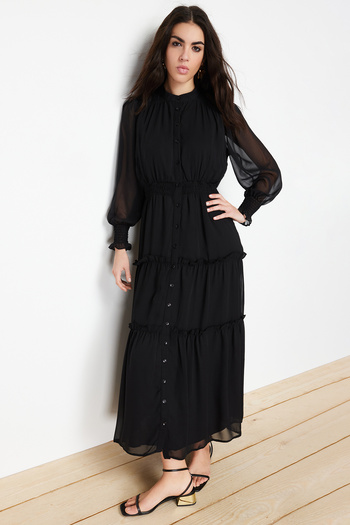 Trendyol Modest Φόρεμα με μαύρα μανίκια και μέση με λεπτή επένδυση από υφαντό πουκάμισο TCTSS24EB00046