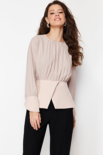 Trendyol Modest Beige Double-breasted Slit Detailed Woven Tunic TCTSS24UK00000