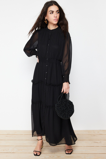 Trendyol Modest Φόρεμα με μαύρα μανίκια και μέση με λεπτή επένδυση από υφαντό πουκάμισο TCTSS24EB00046