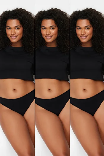 Trendyol Curve Fekete 3 csomag pamut nagy méretű tanga kötött bugyi TBBAW24CM00010