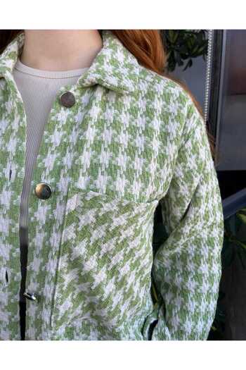 Kübra Tekstil Women's Houndstooth Patterned Green Jacket
