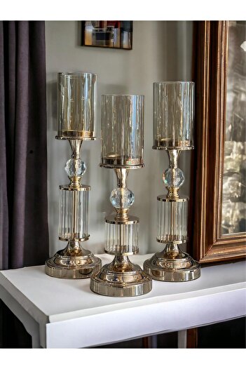 ArzzHome Dekoratif 3 Lü Kristal Şamdan & Mumluk Rose Gold