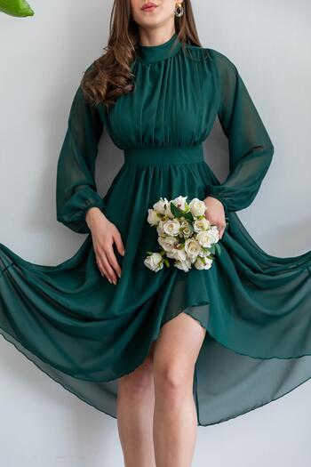 vuvutasarım Lined Chiffon Fabric Long Sleeve Stand Collar Flared Cut Midi Length Emerald Chiffon Dress 094