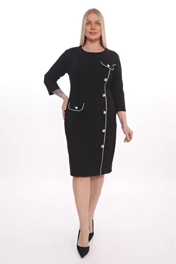 etselements X Modapo Plus Size Black Dress - with Button, Ets5302