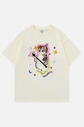 EFBUTİK Beige Unisex Y2K Streetwear Haloxcs Cat T-Shirt