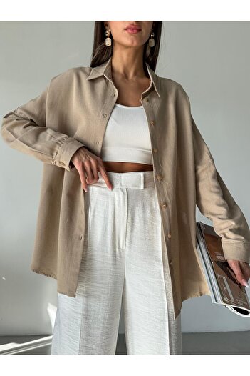 Laluvia Milk Coffee Oversize Off Shoulder Linen Shirt