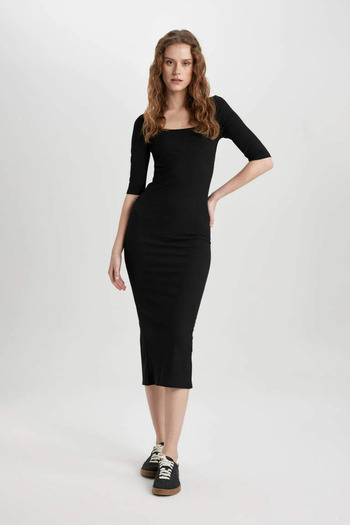 DeFacto Rochie midi cu manșetă - mânecă scurtă, guler pătrat - B2438axbk81
