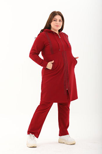 WestBound Women's Stone Detailed Zippered Hooded Tracksuit Set
