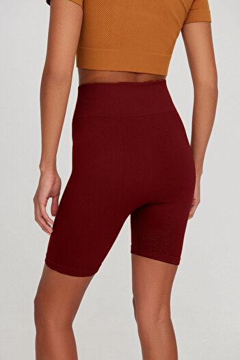 MİSTİRİK Felolin Model Fitilli Örme Model Seamless Sporcu Şortu Bordo Renk