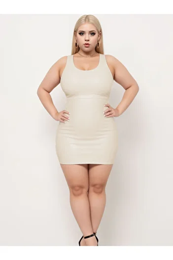 SUHIS Off White Plus Size Μίνι φόρεμα από συνθετικό δέρμα