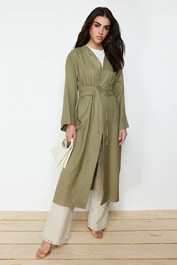 Trendyol Modest Khaki Linen Look Woven Kimono & Kaftan with Tie Waist Detail TCTSS24KK00001