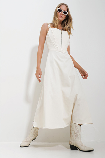 Trend Alaçatı Stili Women's Cream Strap Front Zippered Stitching Detailed Gabardine Dress ALC-X11616