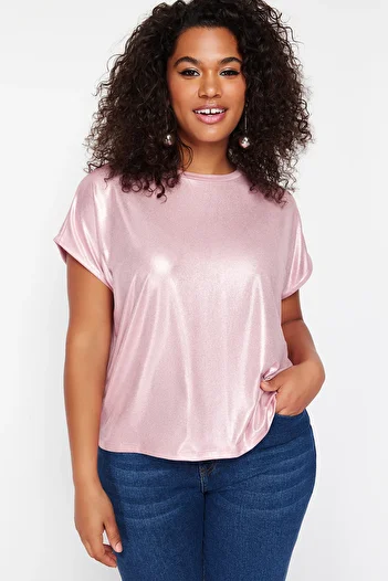Trendyol Curve Powder Metallic Printed Knitted Blouse TBBSS24AF00007